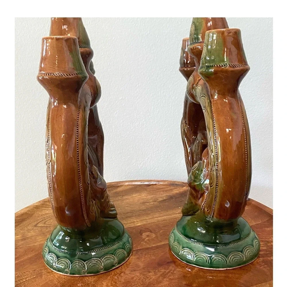 Vtg Majolica Fish Ceramic Candelabra Skopinskaya‎ Mid Century Set of 2 Folk Art
